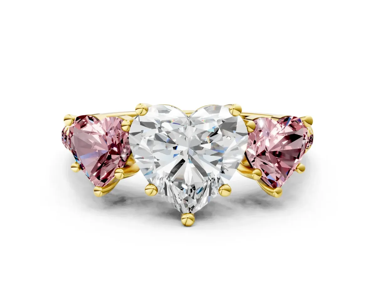 Three-Stone Heart Cut Diamond Ring with Round Morganite Pavé Band and Prong Setting Yellow gold