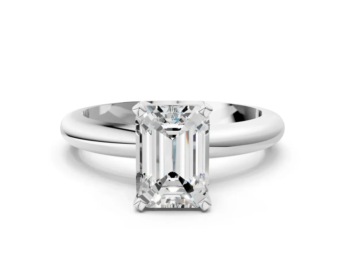 Emerald Cut Diamond Solitaire Engagement Ring with Round Band and Four-Prong Setting Silver