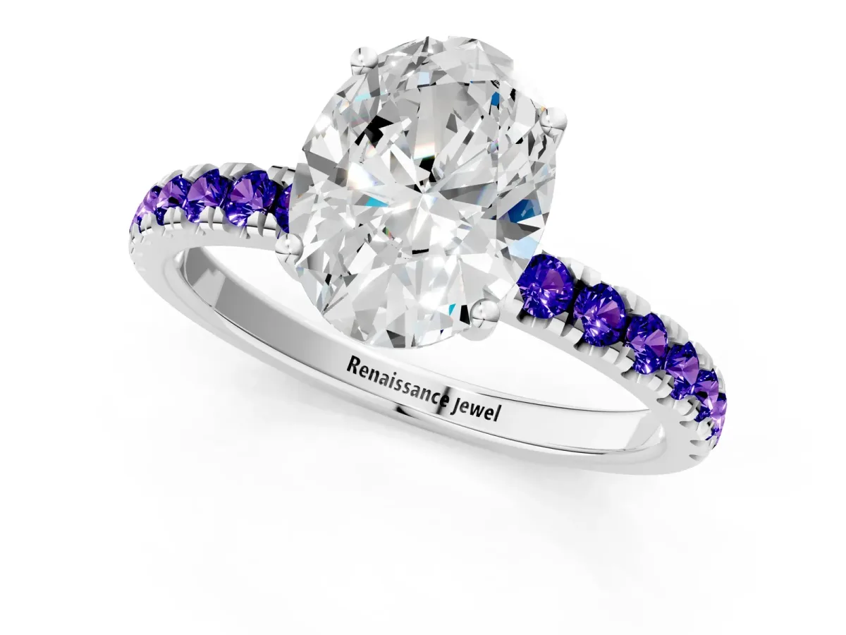 Oval Cut Diamond Pave Band Solitaire Ring with Round Tanzanite and Prong Setting Platinum