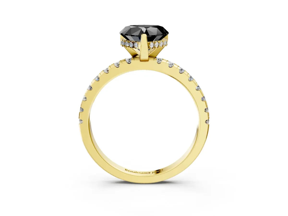 Fancy Black Heart Cut Diamond Solitaire Ring with Round Pavé Band and Four-Prong Setting Yellow gold
