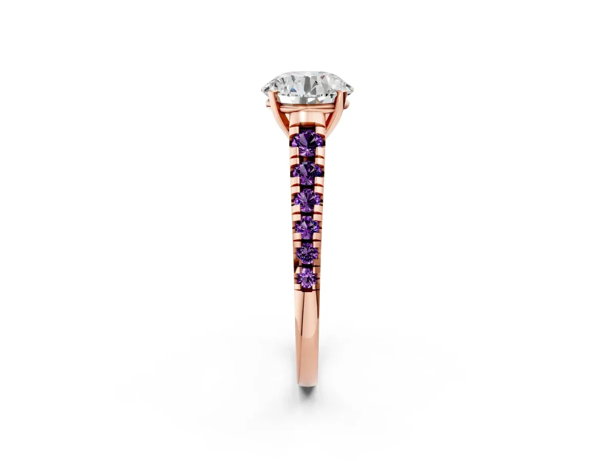 Round Cut Diamond Cathedral Solitaire Ring with Round Amethyst Pavé Band Rose gold