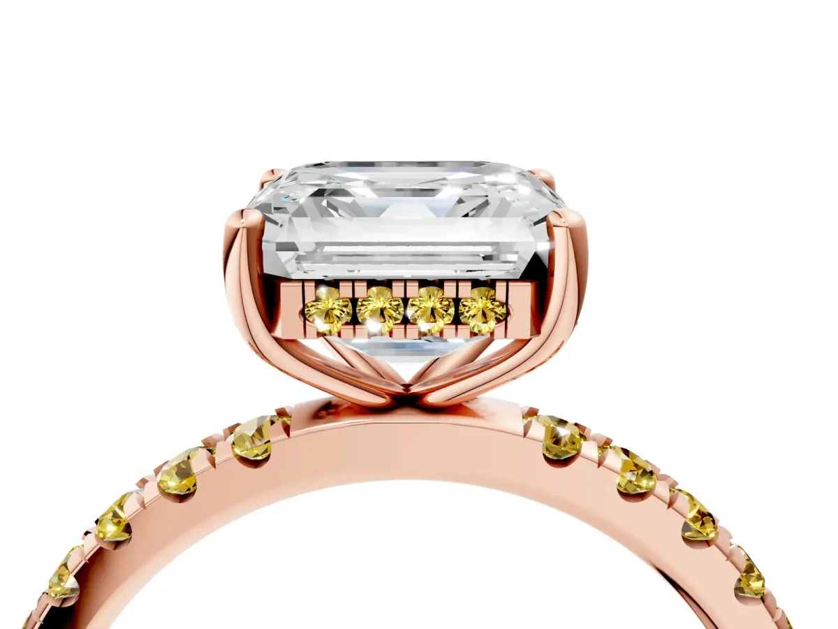 Asscher Cut Diamond Pave Band Solitaire Ring with Round Yellow Sapphire and Prong Setting Rose gold
