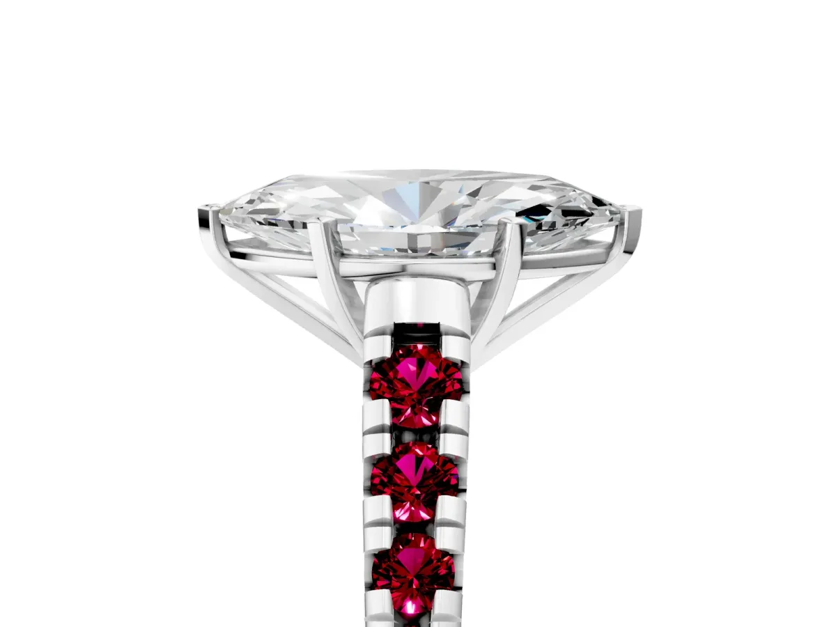 Marquise Cut Diamond Cathedral Solitaire Ring with Round Garnet Pavé Band Platinum