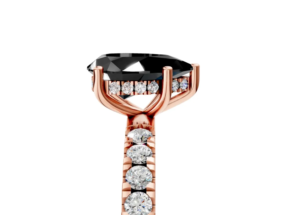 Fancy Black Pear Cut Diamond Pave Band Solitaire Ring with Round and Prong Setting Rose gold