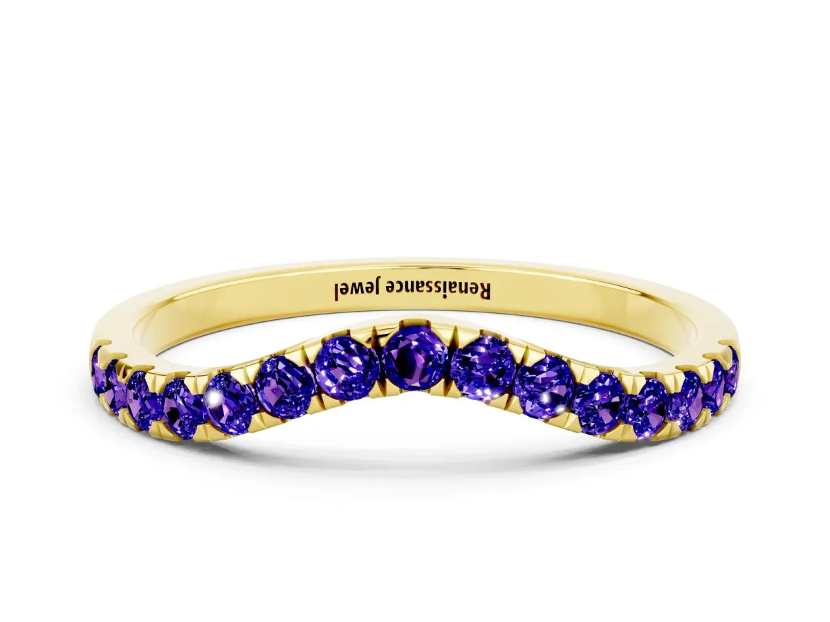 Curved Pavé Round Tanzanite Wedding Band with Shared Prong Setting Yellow gold