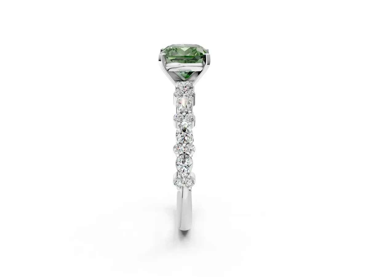 Fancy Green Cushion Cut Diamond Side Stone Solitaire Ring with Round and Four-Prong Setting Platinum