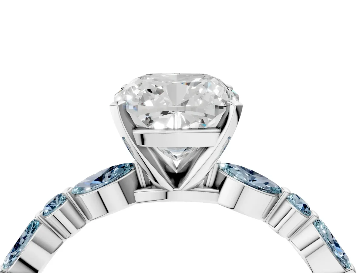 Cushion Cut Diamond Ring with Marquise and Round Aquamarine Side Stones and Four-Prong Setting Silver