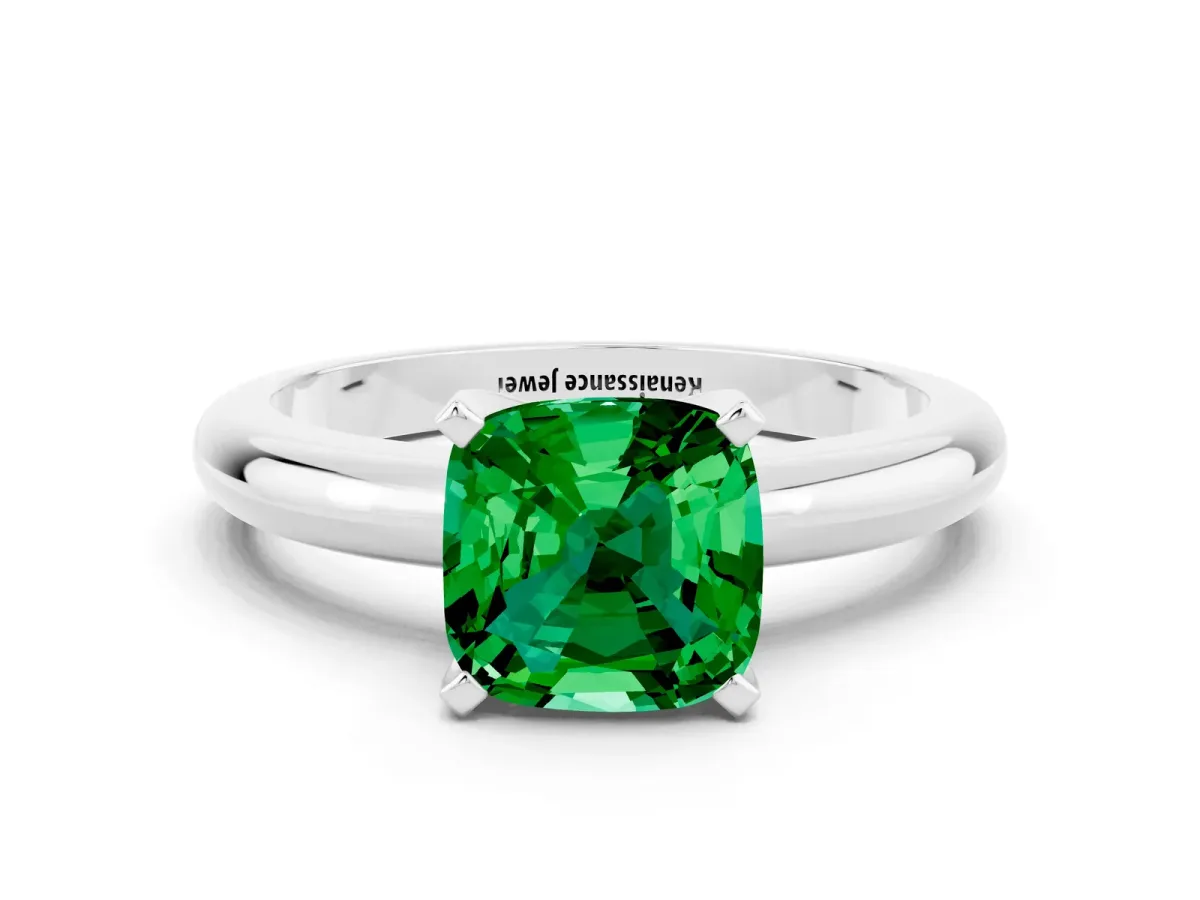 Cushion Cut Emerald Solitaire Engagement Ring with Round Band and Four-Prong Setting White gold