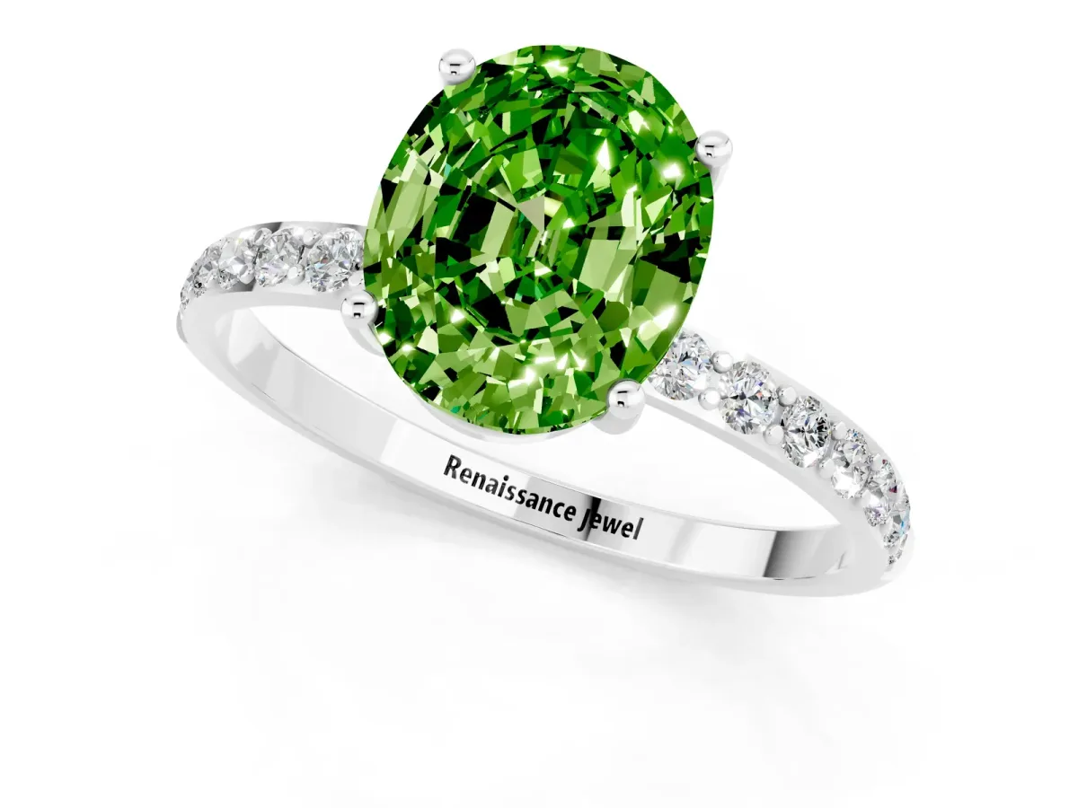 Oval Cut Peridot Solitaire Ring with Round Pavé Band and Prong Setting Silver