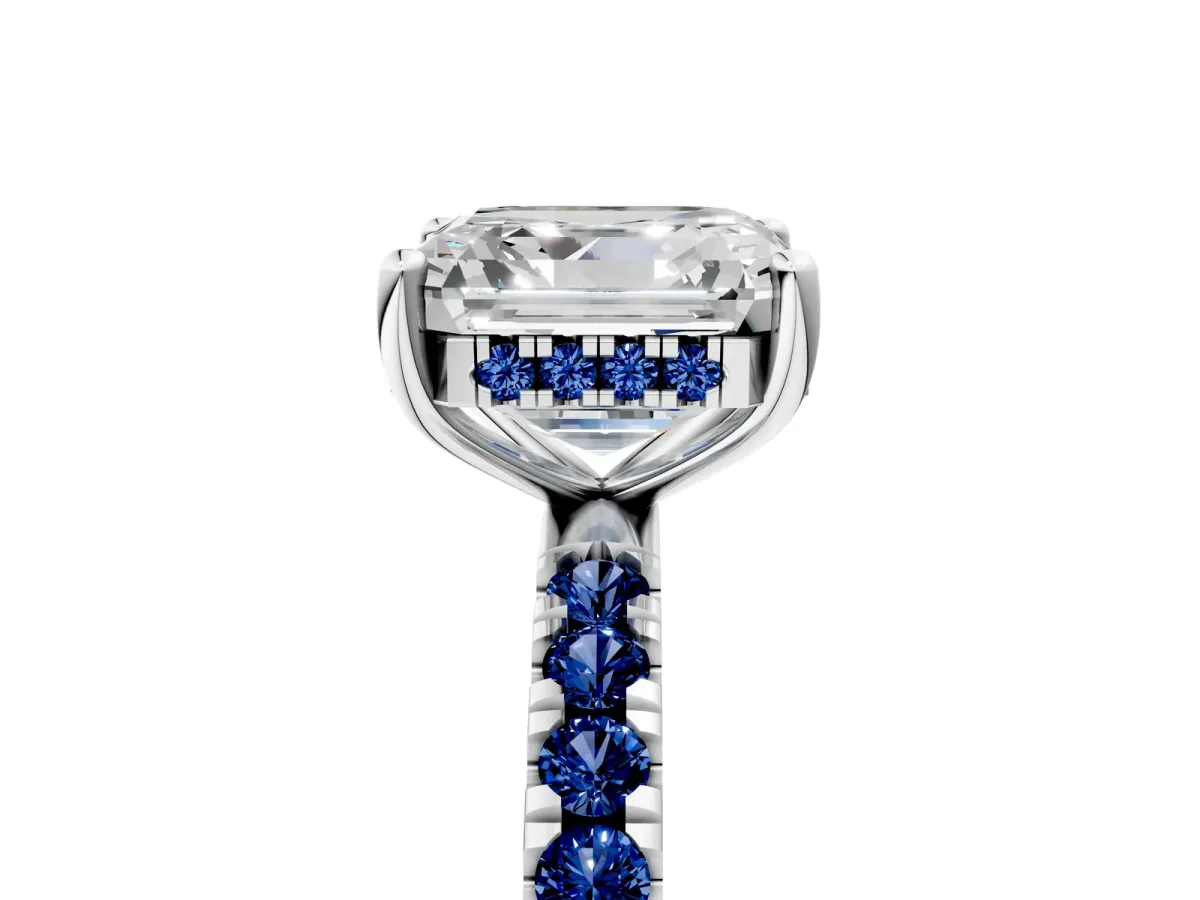 Asscher Cut Diamond Pave Band Solitaire Ring with Round Blue Sapphire and Prong Setting Platinum