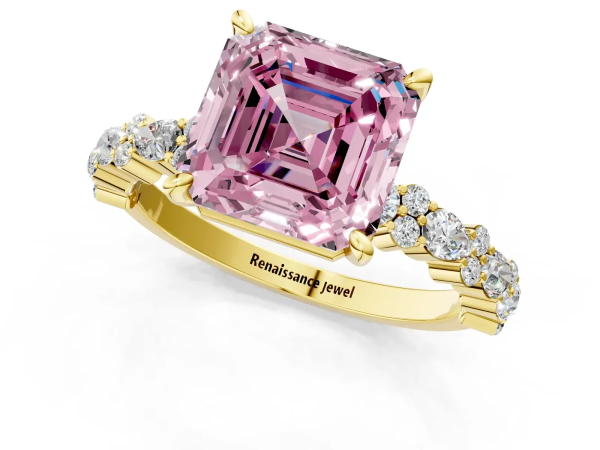 Fancy Pink Asscher Cut Diamond Side Stone Solitaire Ring with Round and Four-Prong Setting Yellow gold