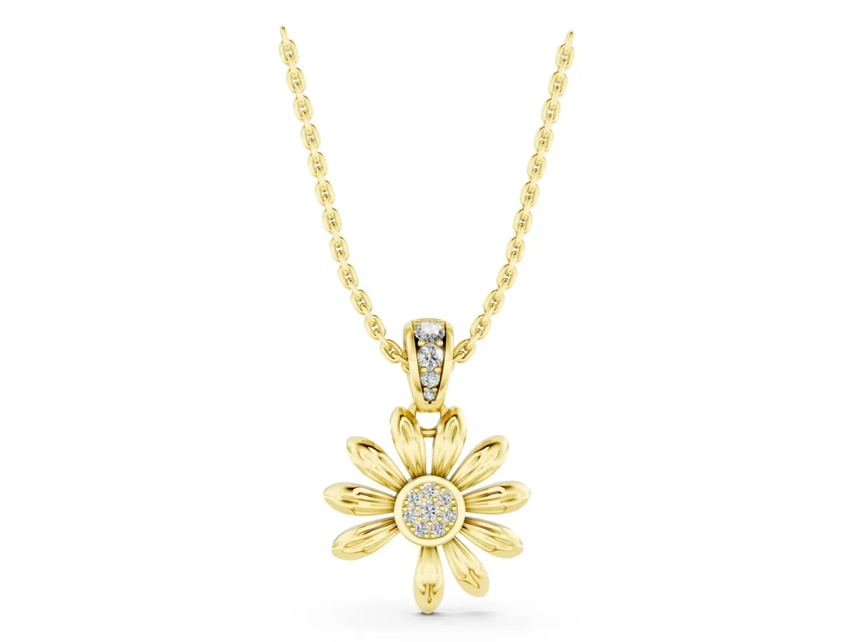 Round Diamond Daisy Flower Pendant with Diamond Accents Yellow gold