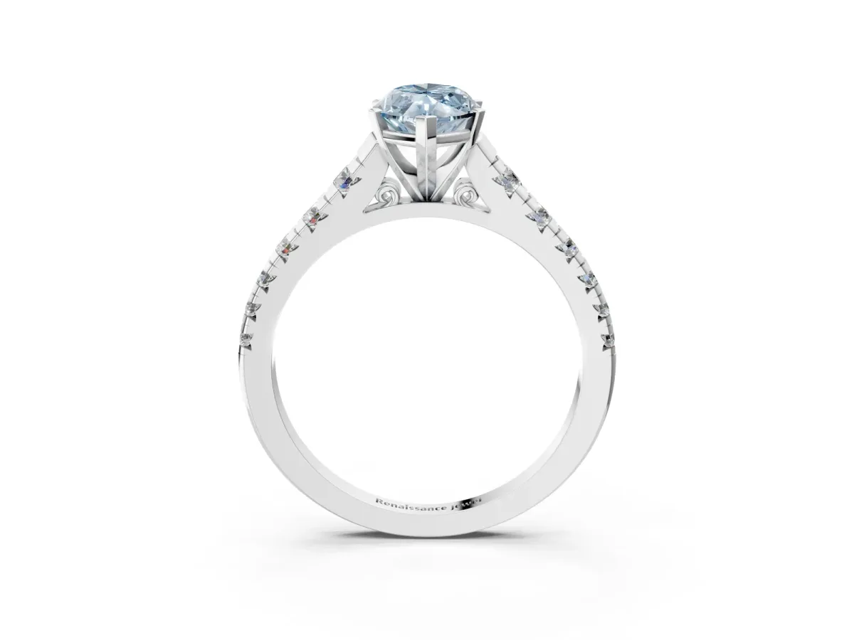 Fancy Blue Marquise Cut Diamond Cathedral Solitaire Ring with Round Pavé Band Platinum