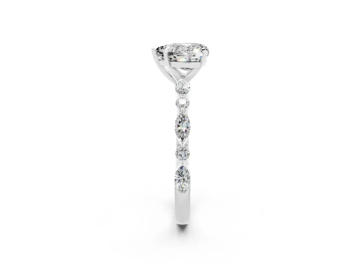 Heart Cut Moissanite Ring with Marquise and Round Side Stones and Four-Prong Setting Silver
