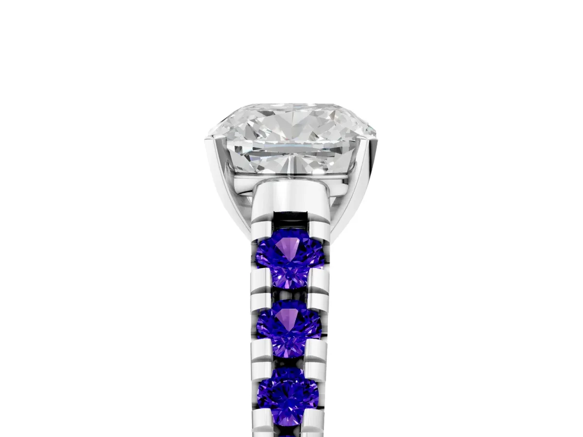Cushion Cut Diamond Cathedral Solitaire Ring with Round Tanzanite Pavé Band Silver