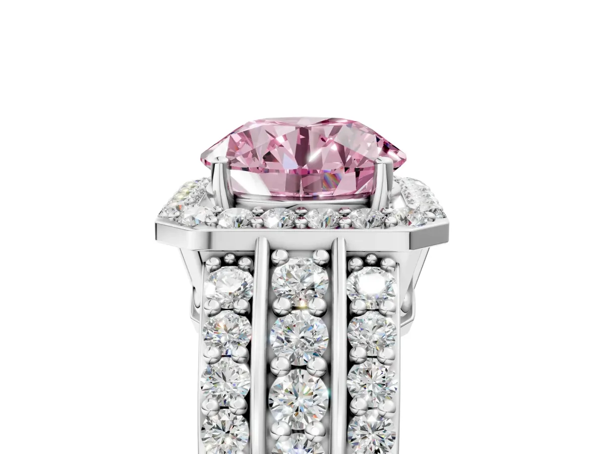Fancy Pink Round Cut Halo Diamond Ring with Round Split Shank and Prong Setting White gold