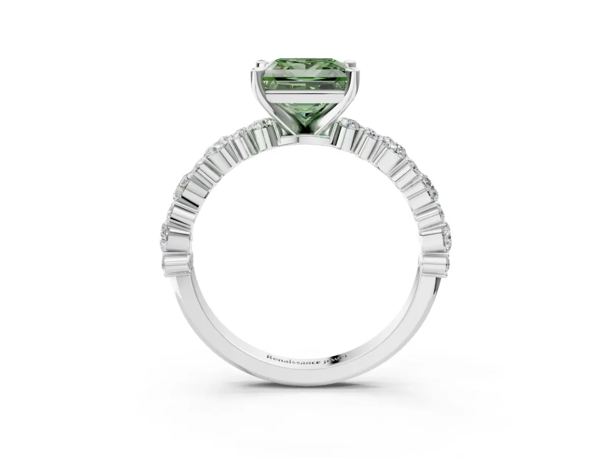 Fancy Green Princess Cut Diamond Side Stone Solitaire Ring with Round and Four-Prong Setting Platinum