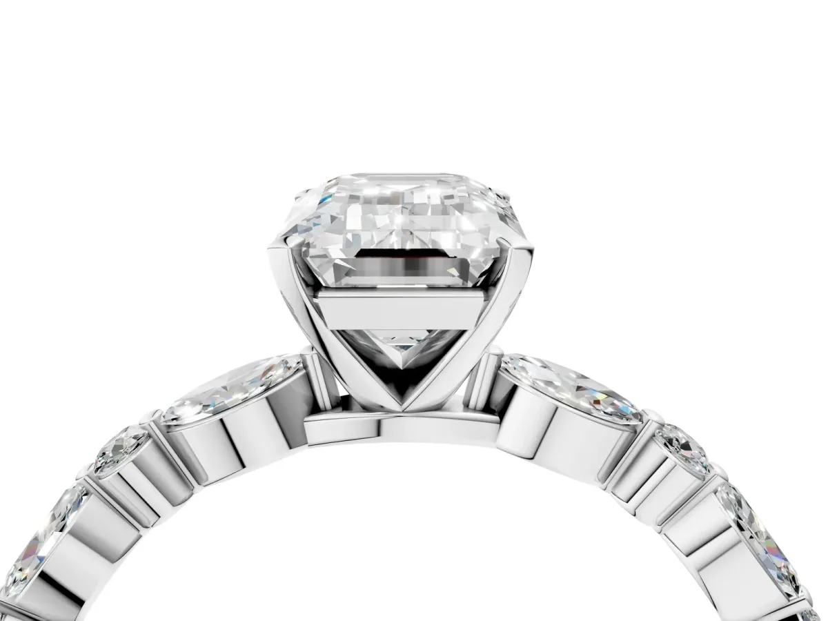 Emerald Cut Diamond Ring with Marquise and Round Side Stones and Four-Prong Setting Silver