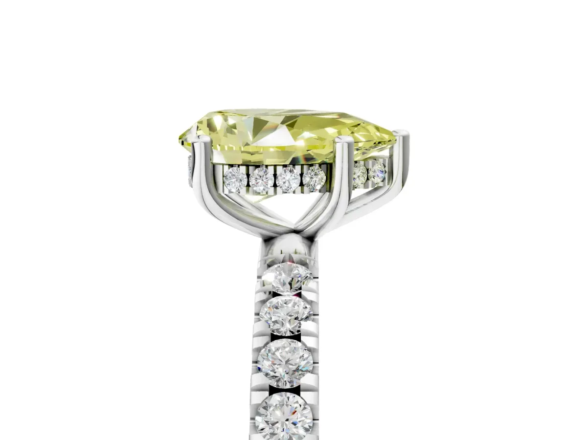 Fancy Yellow Pear Cut Diamond Pave Band Solitaire Ring with Round and Prong Setting White gold