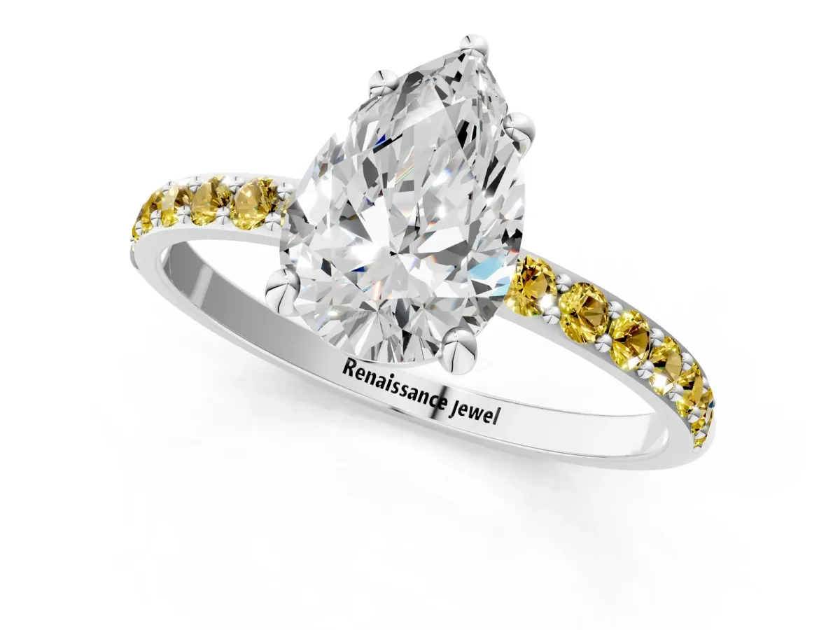 Pear Cut Diamond Solitaire Ring with Round Yellow Sapphire Pavé Band and Prong Setting Platinum