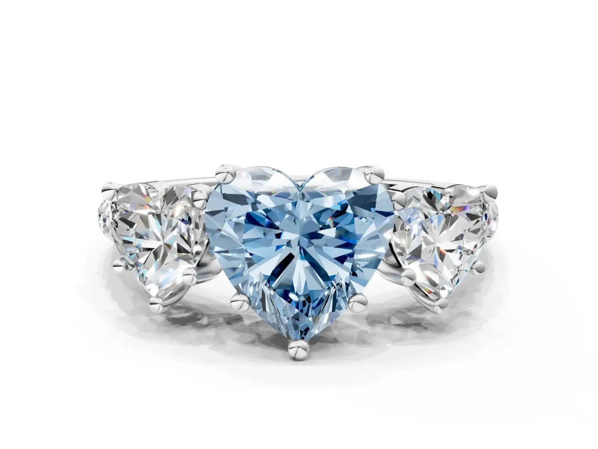 Fancy Blue Three-Stone Heart Cut Diamond Ring with Round Pavé Band and Prong Setting Platinum