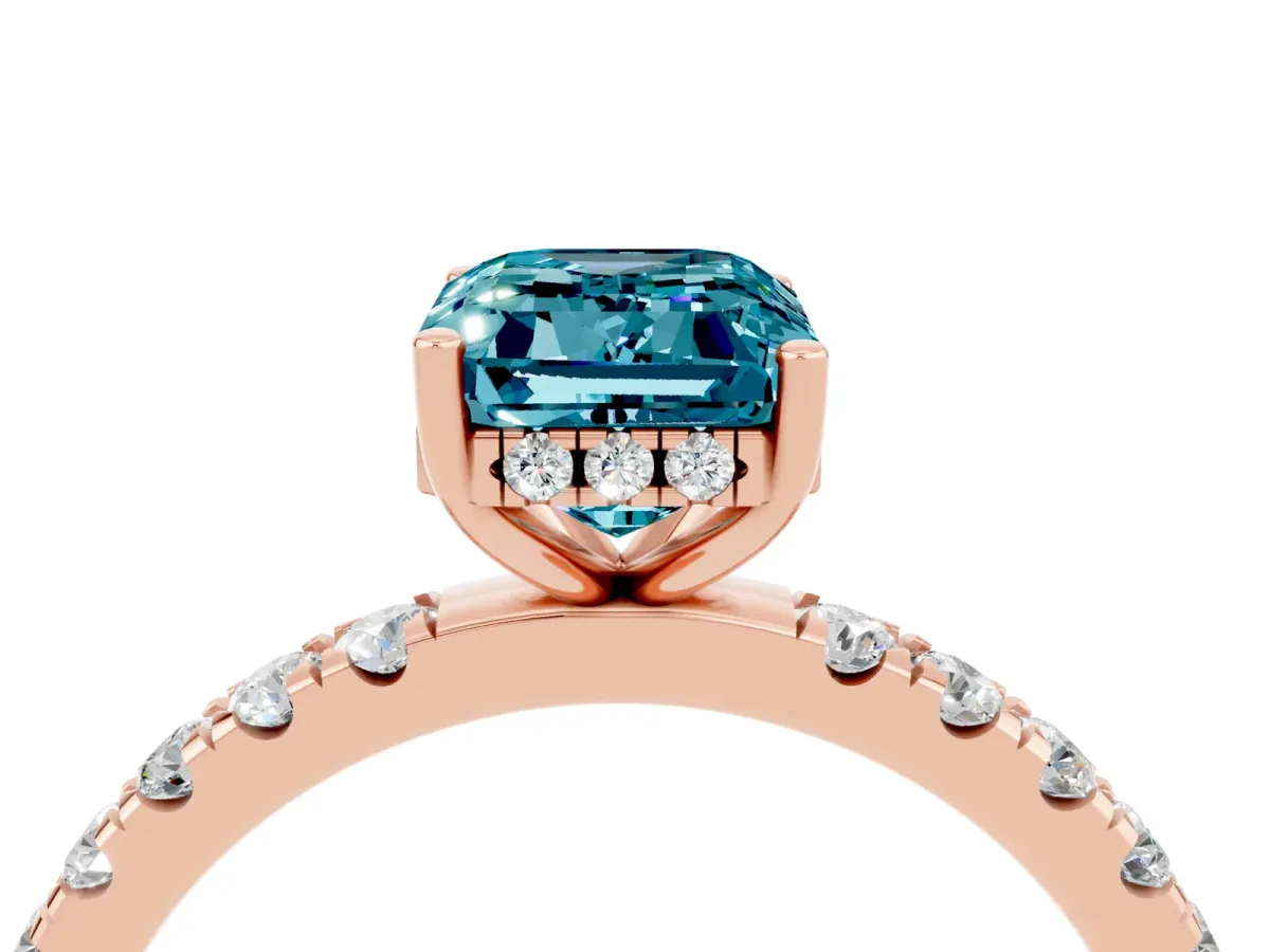 Emerald Cut Blue Topaz Pave Band Solitaire Ring with Round and Prong Setting Rose gold