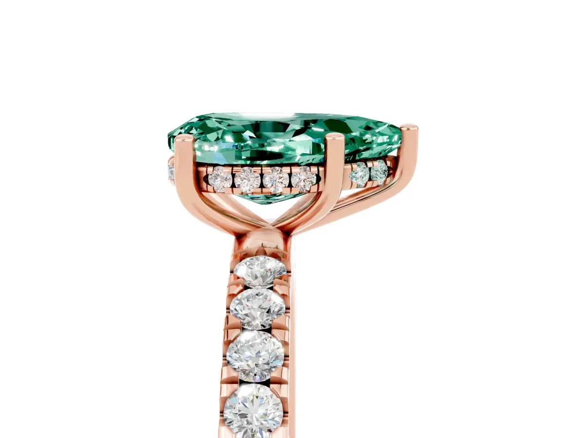 Pear Cut Green Sapphire Pave Band Solitaire Ring with Round and Prong Setting Rose gold