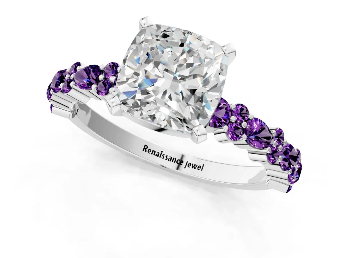 Cushion Cut Diamond Side Stone Solitaire Ring with Round Amethyst and Four-Prong Setting Platinum