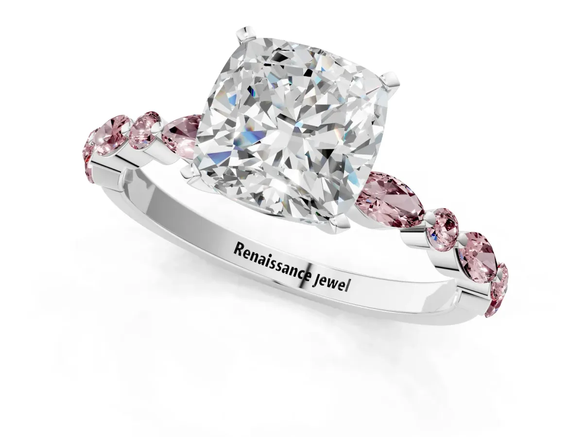 Cushion Cut Diamond Ring with Marquise and Round Morganite Side Stones and Four-Prong Setting Silver