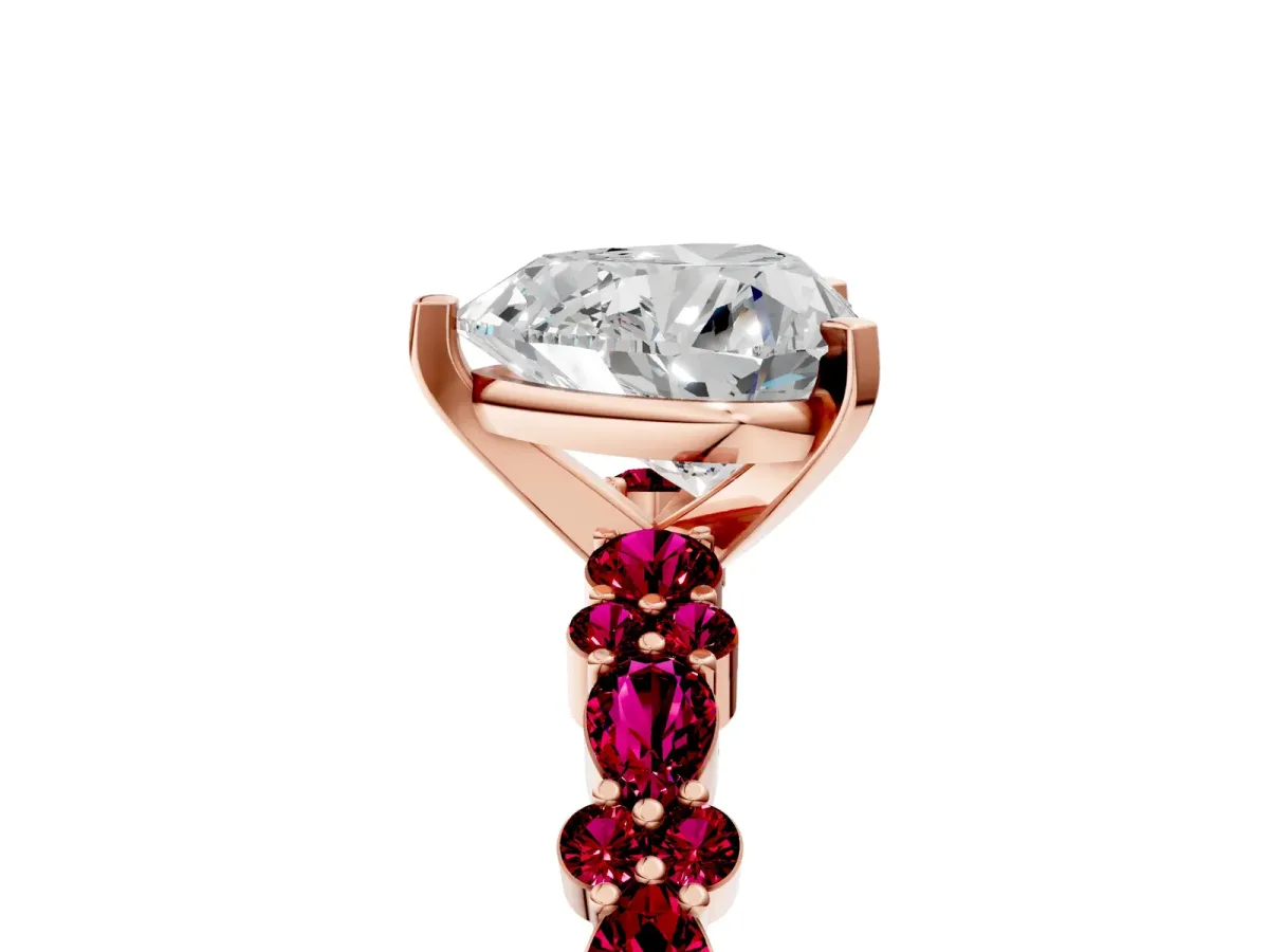 Heart Cut Diamond Side Stone Solitaire Ring with Round Garnet and Four-Prong Setting Rose gold