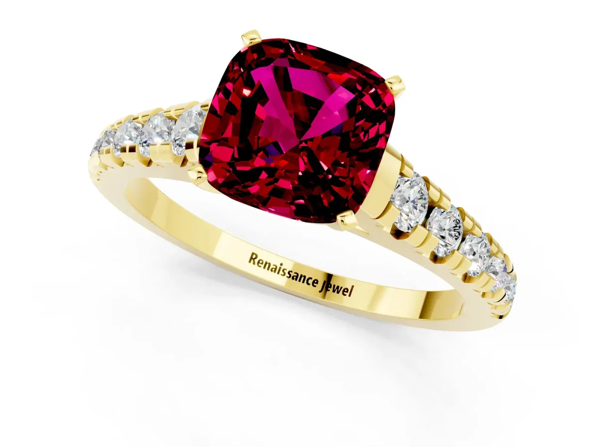 Cushion Cut Garnet Cathedral Solitaire Ring with Round Pavé Band Yellow gold