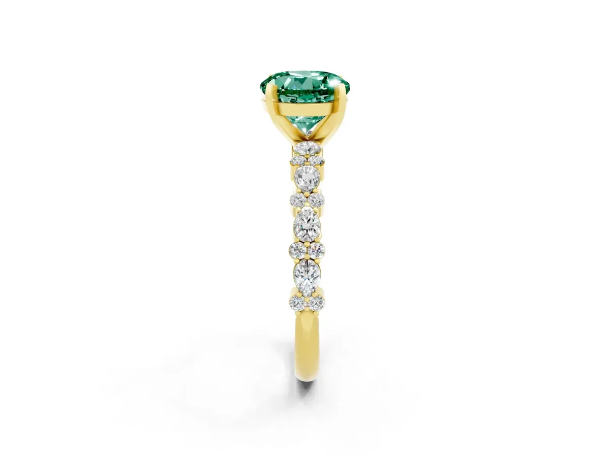 Round Cut Green Sapphire Side Stone Solitaire Ring with Round and Four-Prong Setting Yellow gold