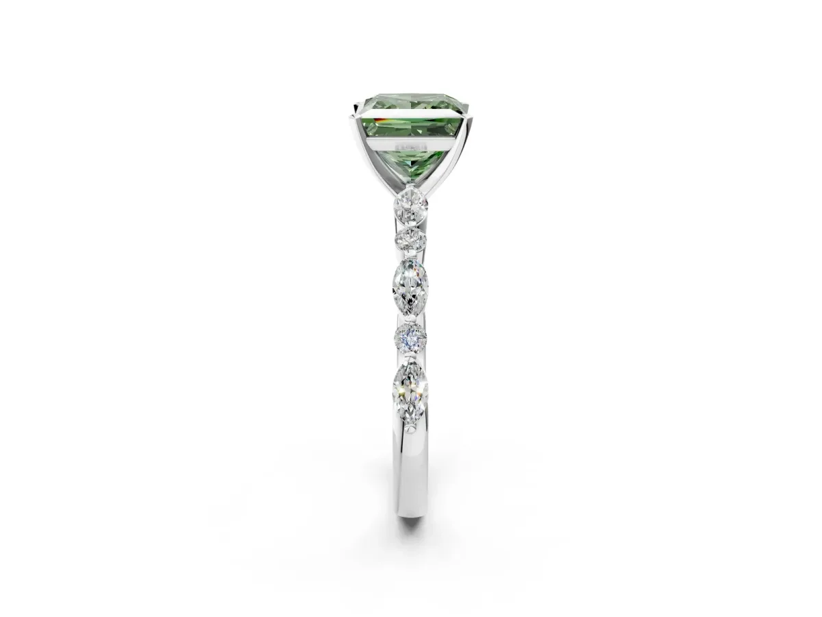 Fancy Green Princess Cut Diamond Ring with Marquise and Round Side Stones and Four-Prong Setting Silver