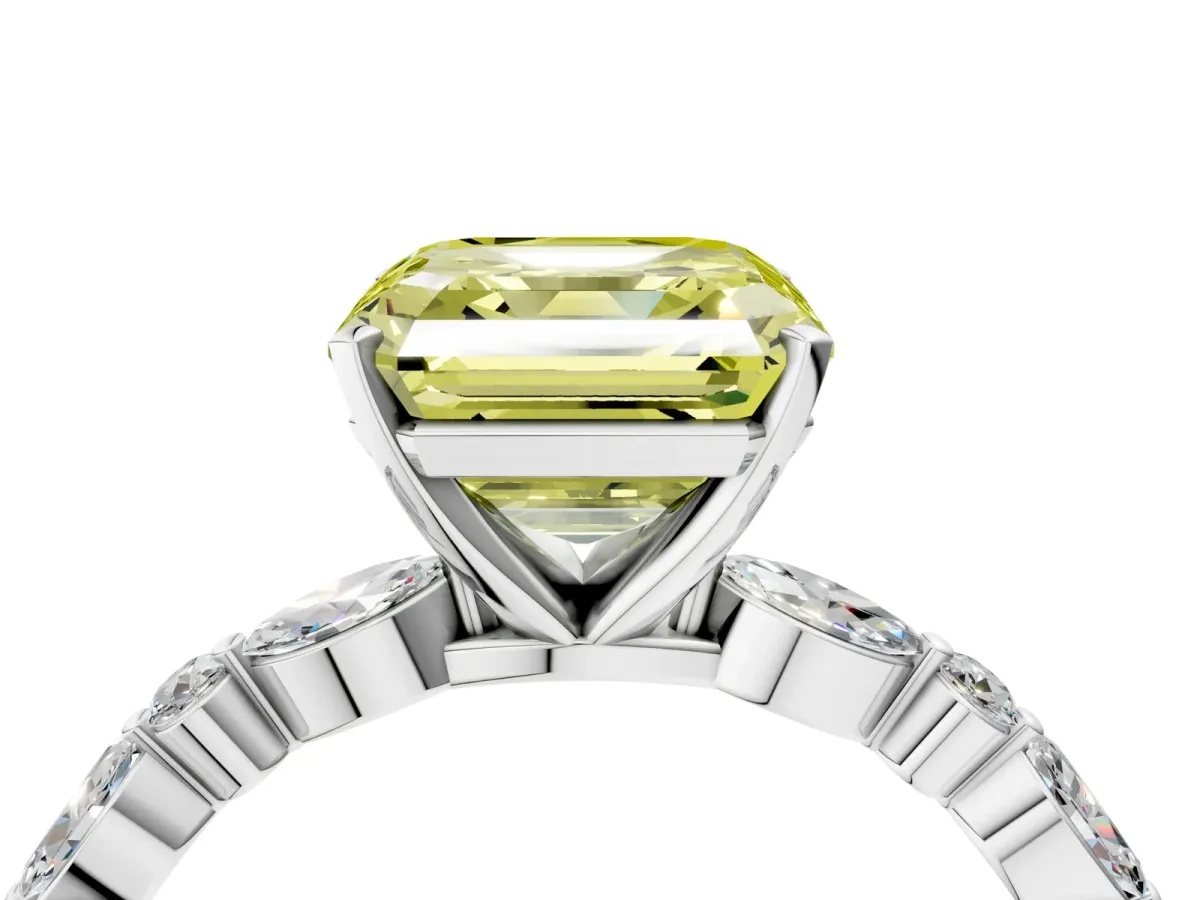 Fancy Yellow Asscher Cut Diamond Ring with Marquise and Round Side Stones and Four-Prong Setting Platinum