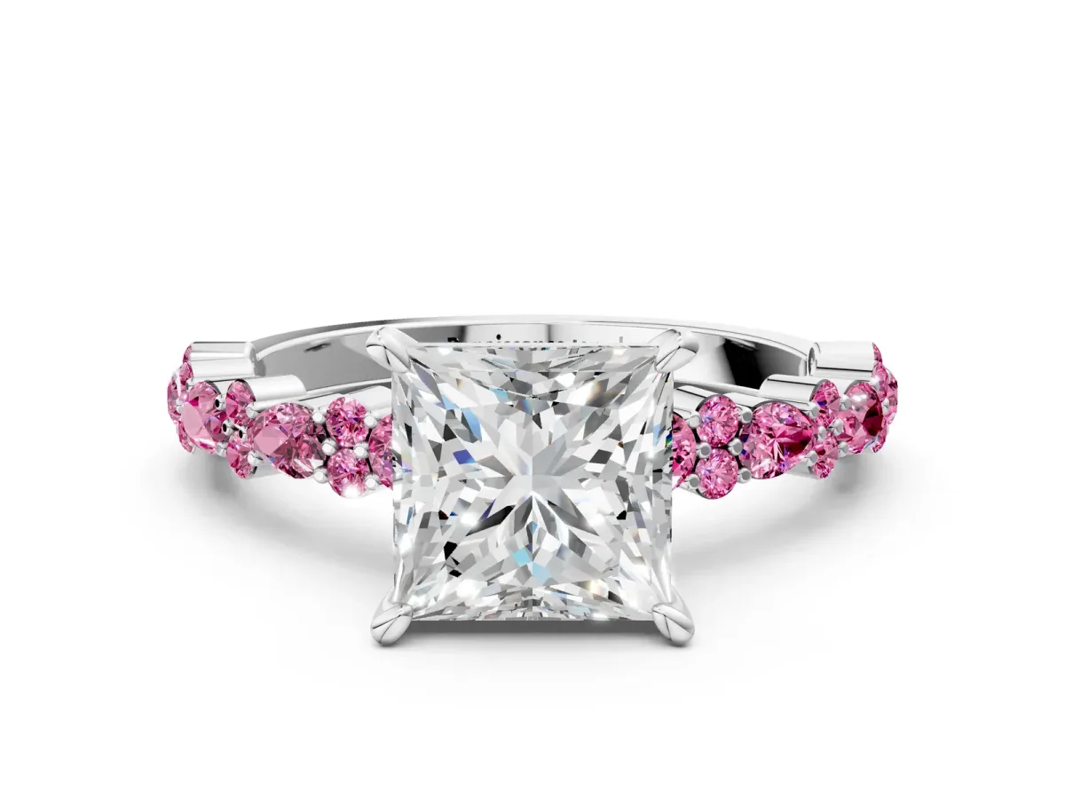 Princess Cut Diamond Side Stone Solitaire Ring with Round Pink Sapphire and Four-Prong Setting Platinum