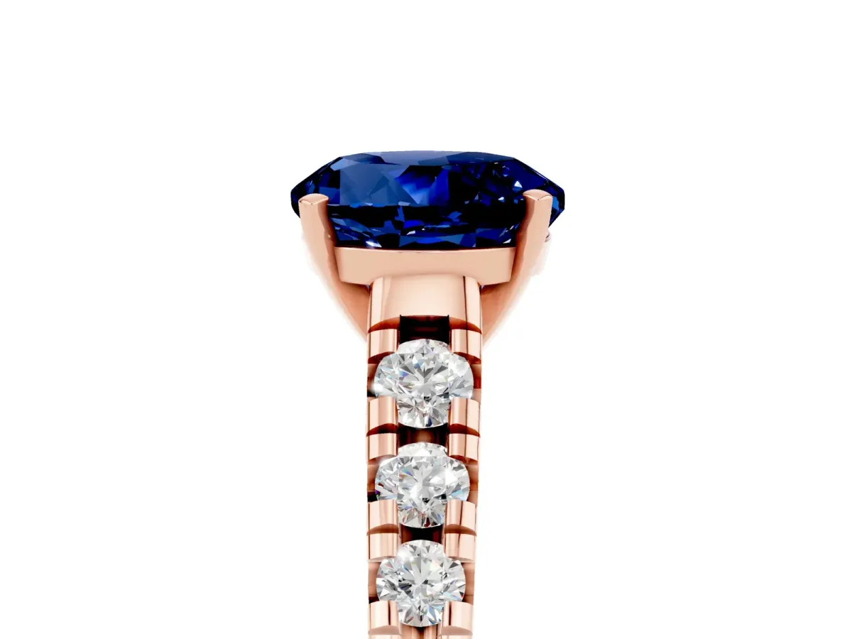Round Cut Blue Sapphire Cathedral Solitaire Ring with Round Pavé Band Rose gold
