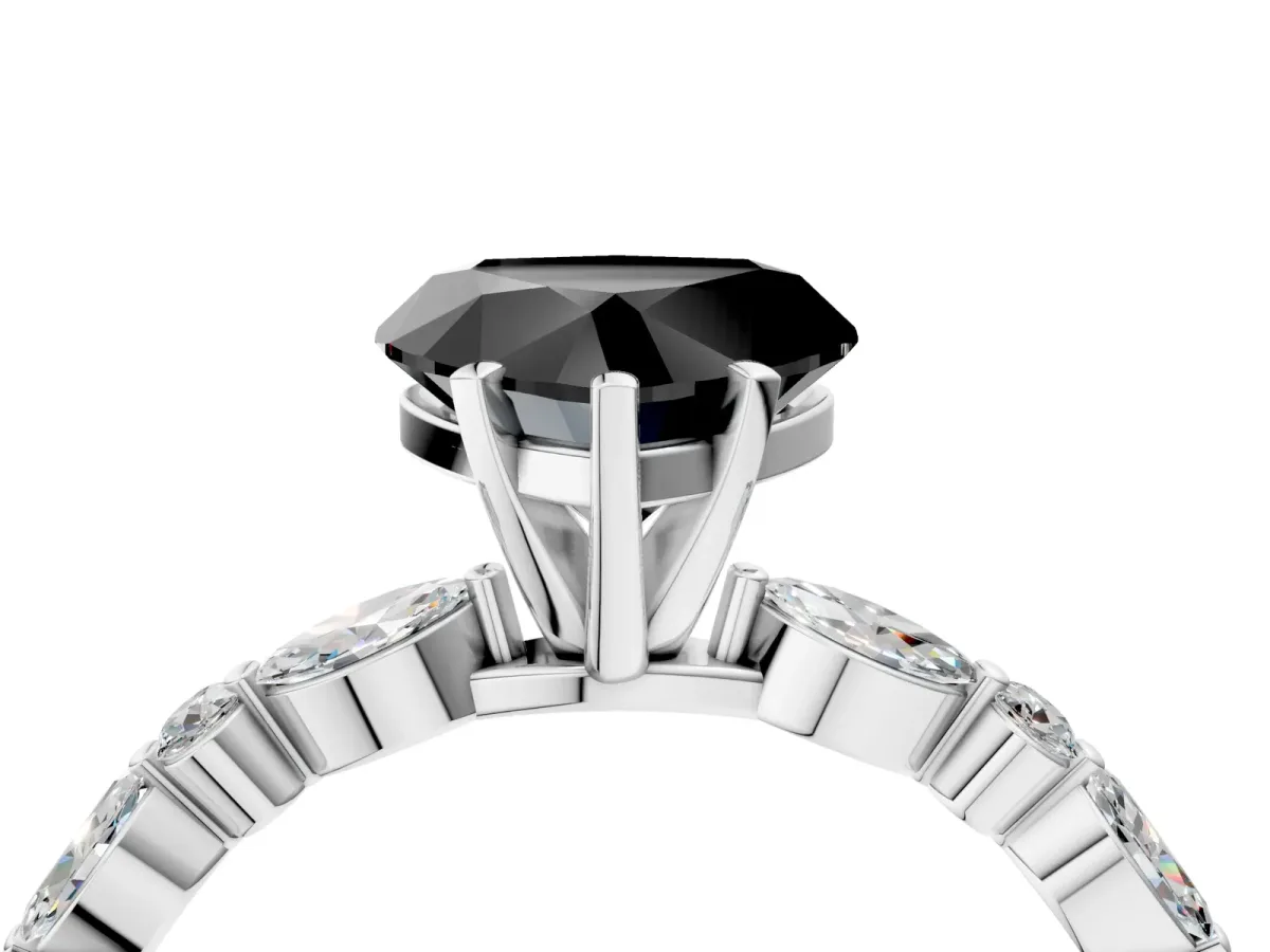 Fancy Black Heart Cut Diamond Ring with Marquise and Round Side Stones and Four-Prong Setting Silver