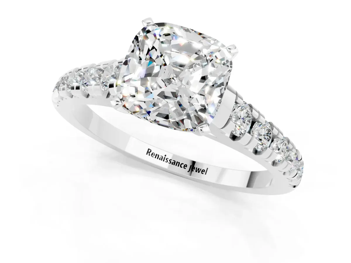 Cushion Cut Moissanite Cathedral Solitaire Ring with Round Pavé Band Silver
