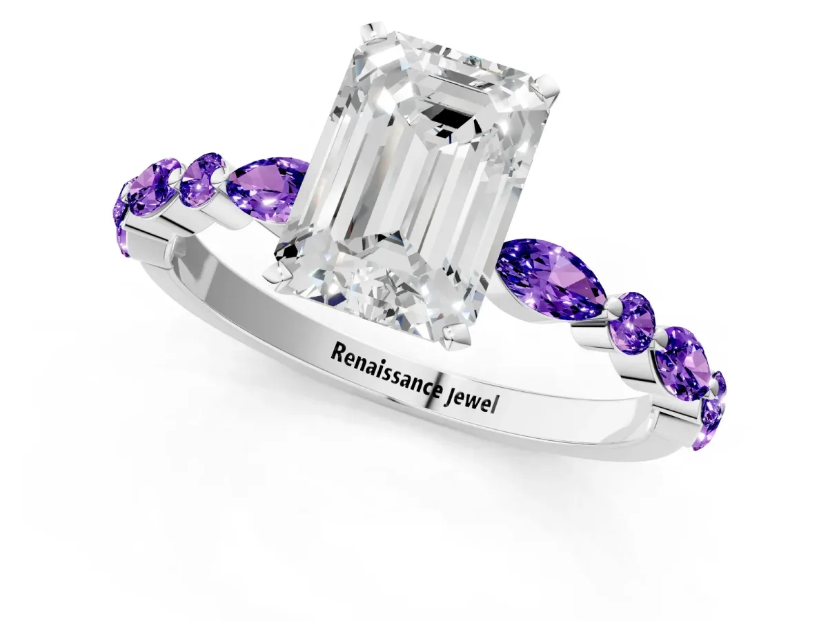 Emerald Cut Diamond Ring with Marquise and Round Tanzanite Side Stones and Four-Prong Setting Silver