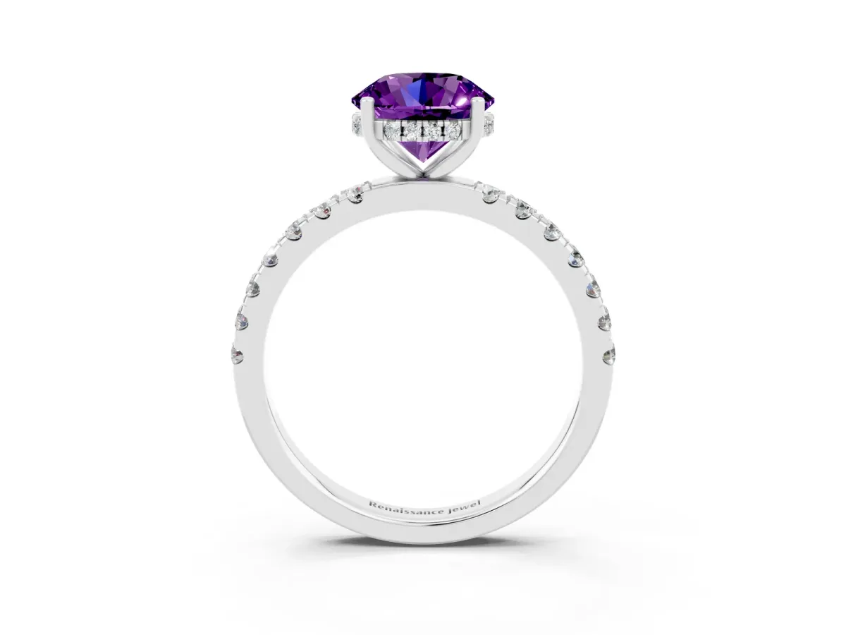 Round Cut Amethyst Pave Band Solitaire Ring with Round and Prong Setting Platinum