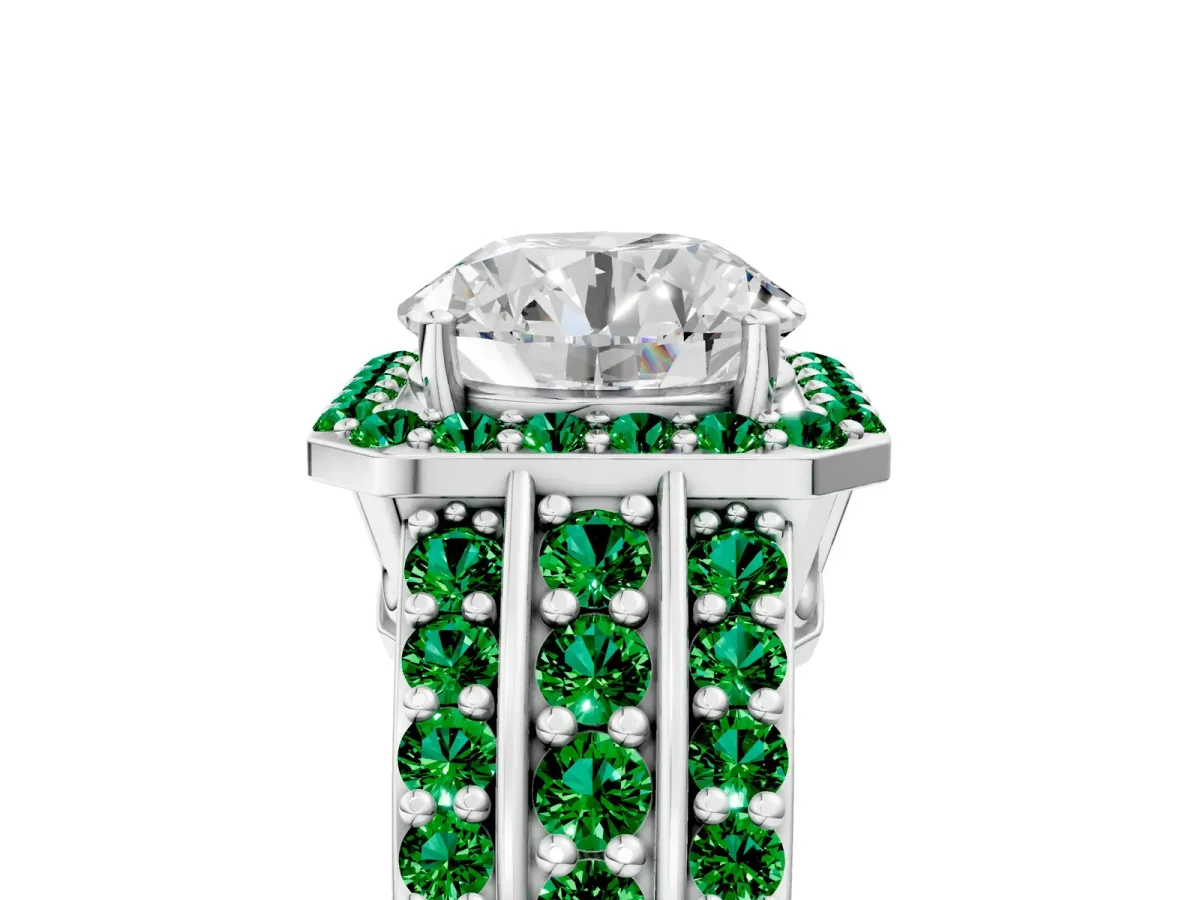 Round Cut Halo Diamond Ring with Round Emerald Split Shank and Prong Setting Platinum