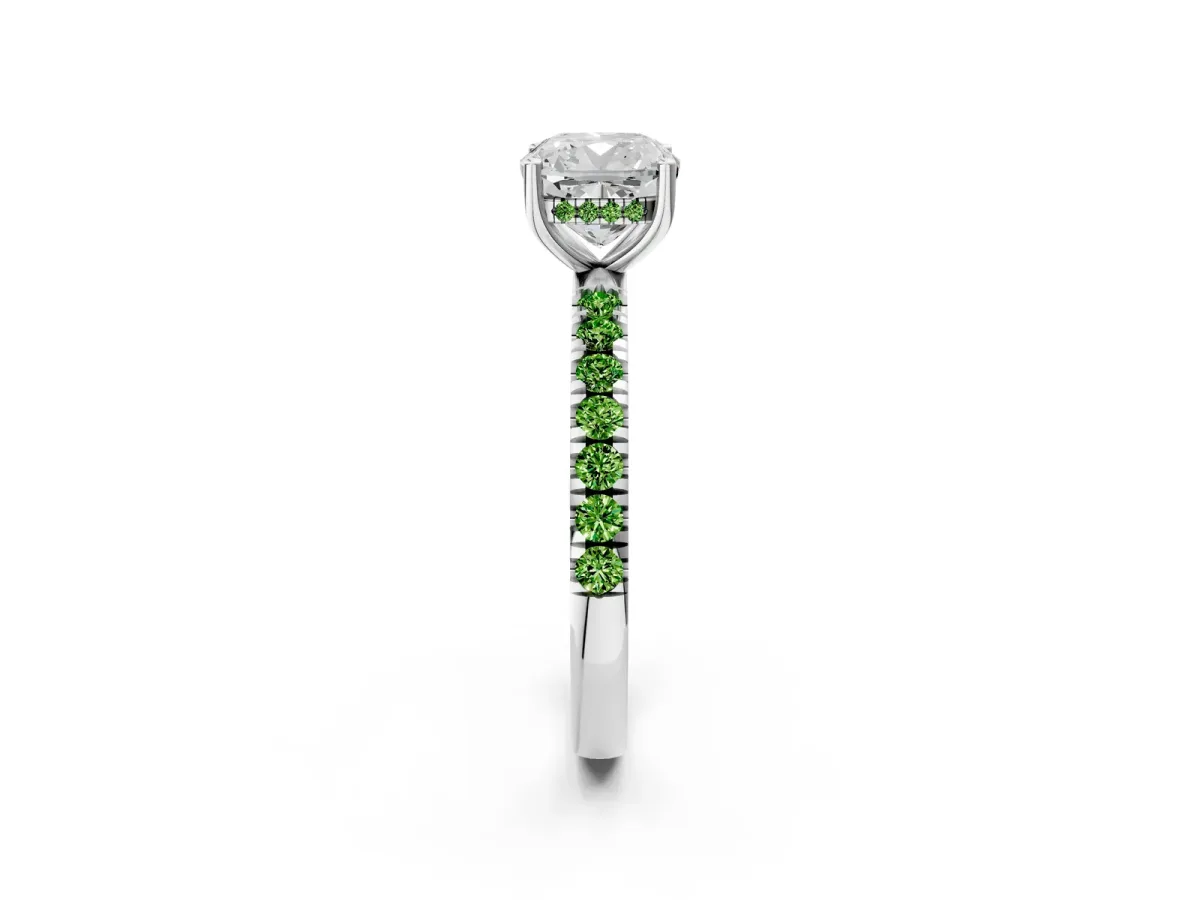 Cushion Cut Diamond Pave Band Solitaire Ring with Round Peridot and Prong Setting Silver