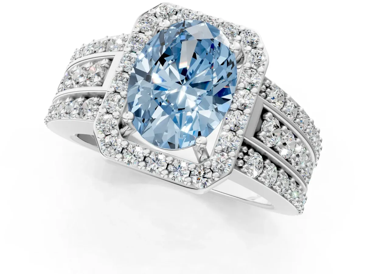 Fancy Blue Oval Cut Halo Diamond Ring with Round Split Shank and Prong Setting White gold