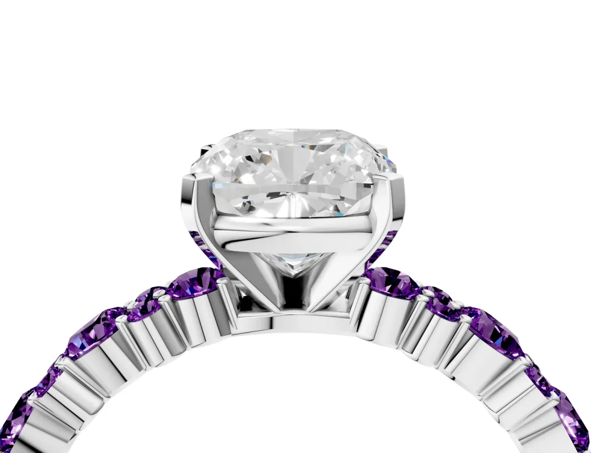Cushion Cut Diamond Side Stone Solitaire Ring with Round Amethyst and Four-Prong Setting Platinum