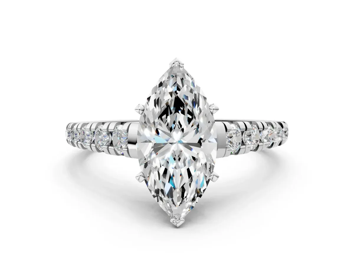 Marquise Cut Diamond Cathedral Solitaire Ring with Round Pavé Band White gold