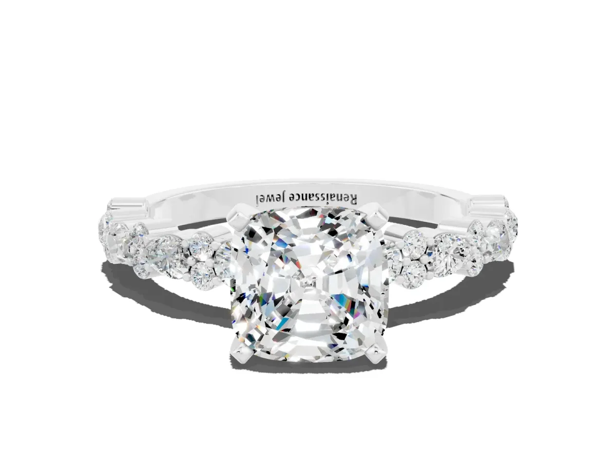 Cushion Cut Moissanite Side Stone Solitaire Ring with Round and Four-Prong Setting White gold