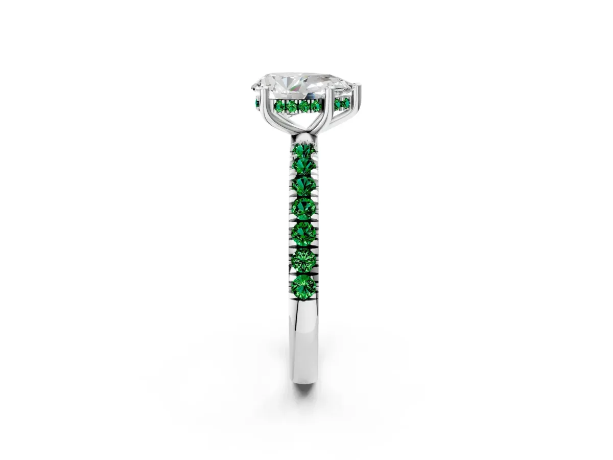 Pear Cut Diamond Pave Band Solitaire Ring with Round Emerald and Prong Setting Platinum