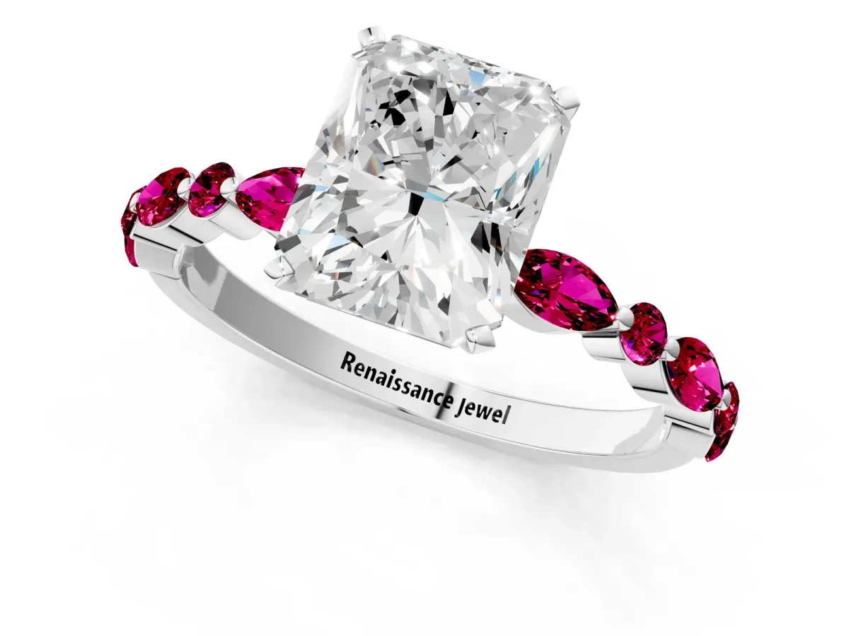 Radiant Cut Diamond Ring with Marquise and Round Garnet Side Stones and Four-Prong Setting Silver
