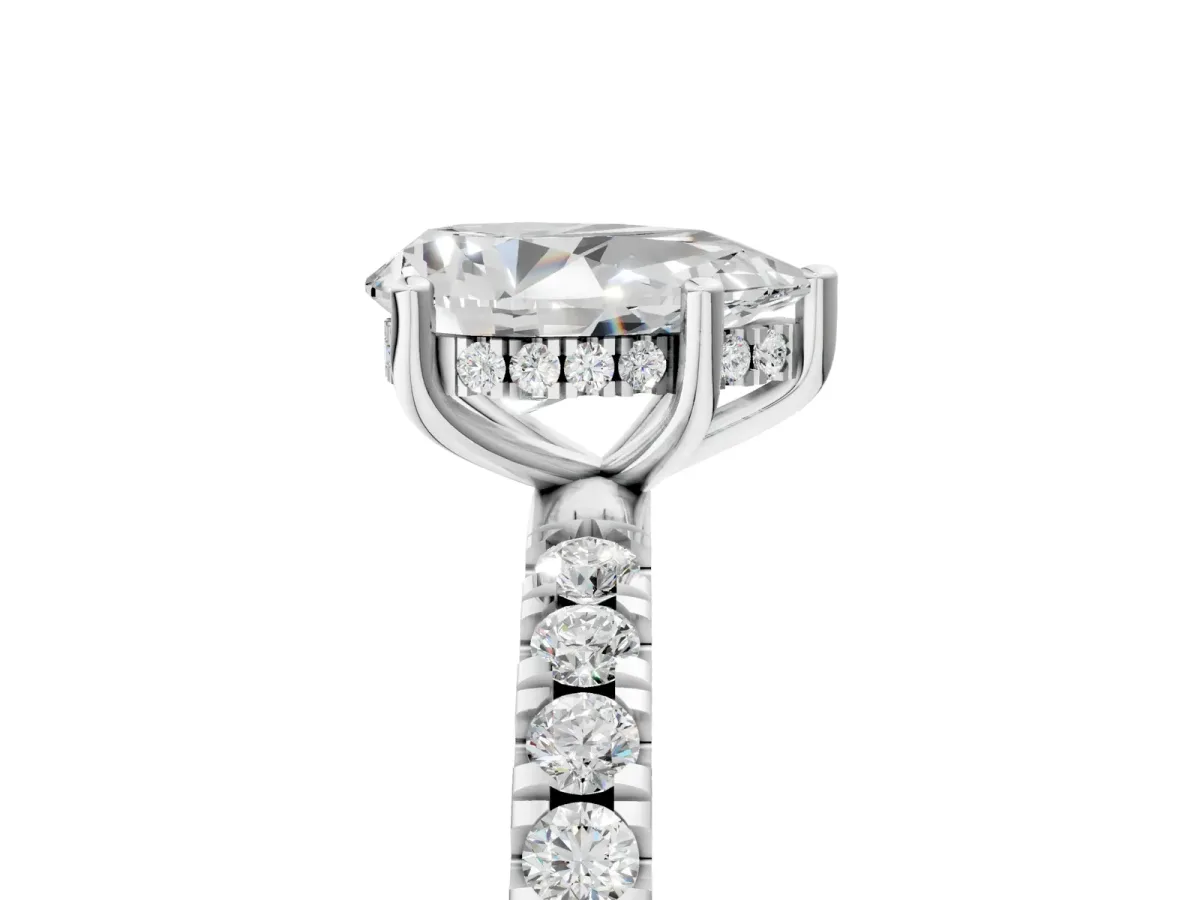 Pear Cut Diamond Pave Band Solitaire Ring with Round Moissanite and Prong Setting White gold