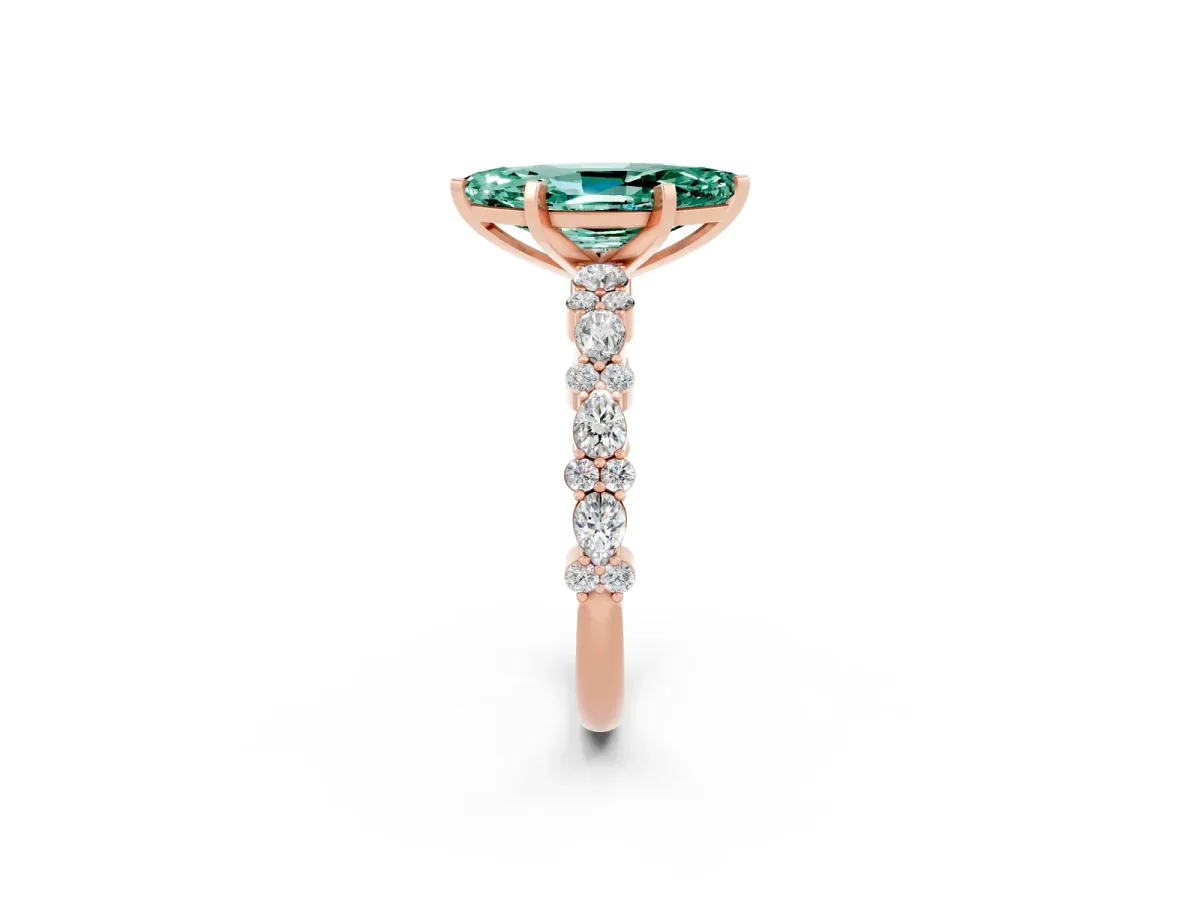 Marquise Cut Green Sapphire Side Stone Solitaire Ring with Round and Four-Prong Setting Rose gold